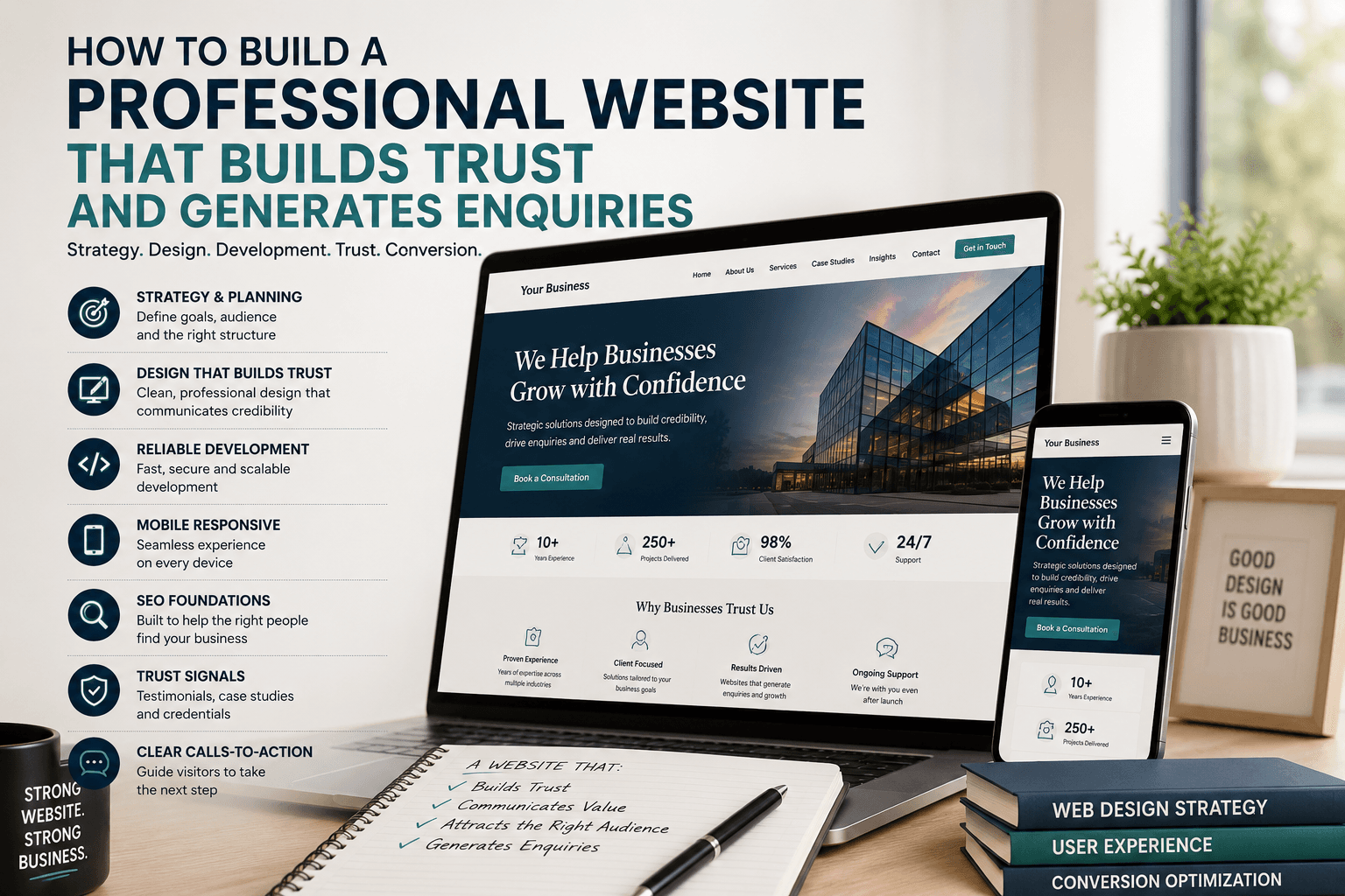 Professional business website displayed on a laptop and mobile device, representing website strategy, credibility, and business enquiries