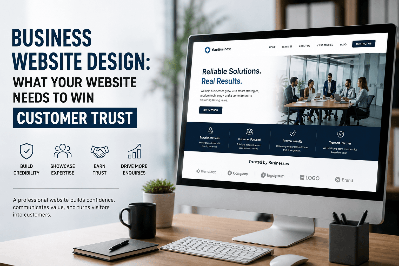 Professional business website displayed on a desktop screen, representing business website design, credibility, trust, and customer conversion