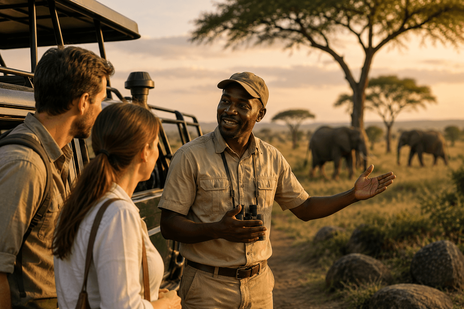 Safari guide talking with travellers beside a safari vehicle, representing trust, expertise, and a professional safari experience