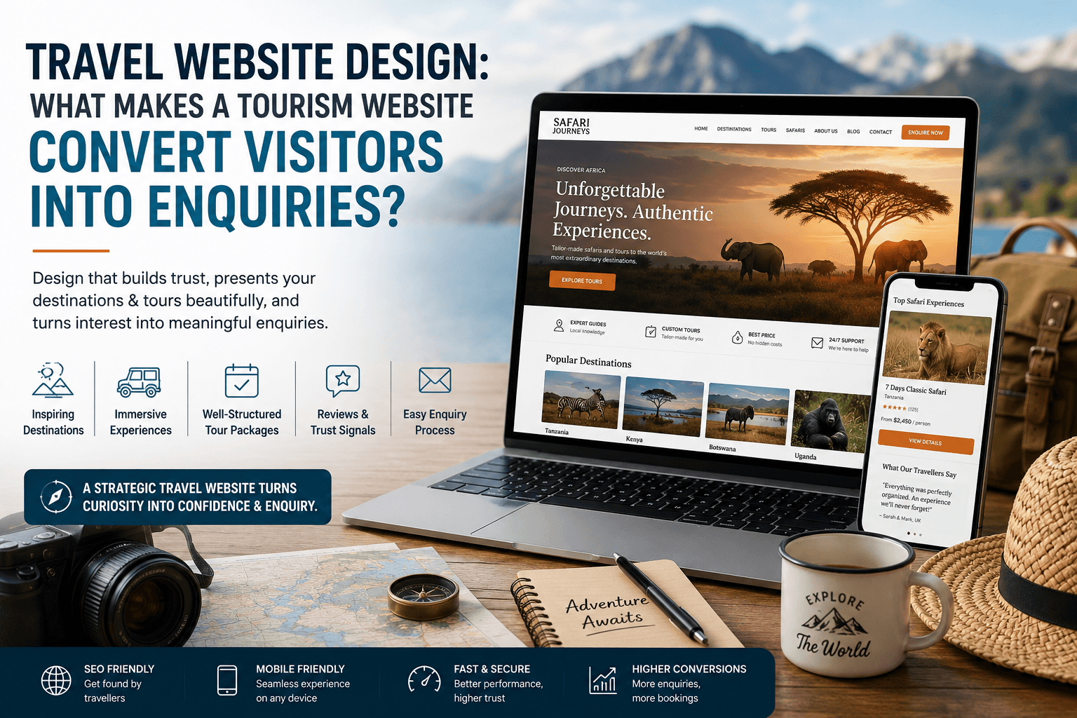 Professional travel website design showing destinations, tour experiences, photography, trust signals, and enquiry options