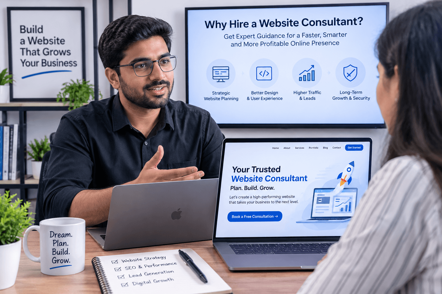 Website consultant reviewing a business website strategy and user experience on a desktop screen
