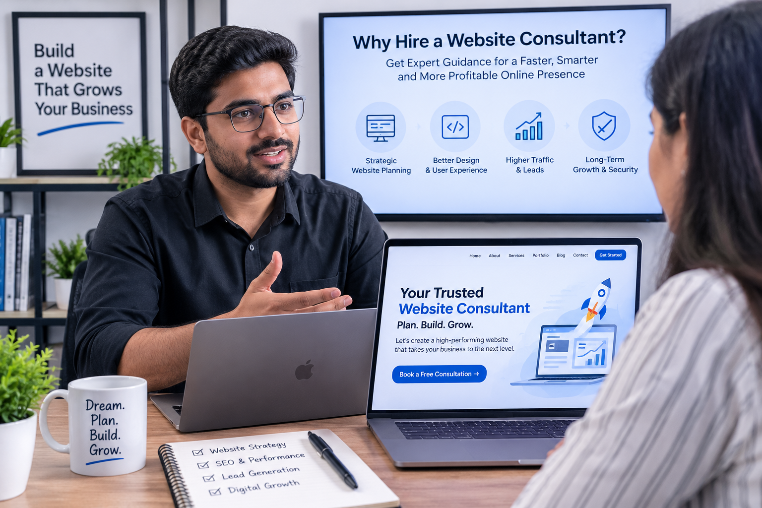 Website consultant reviewing a business website strategy and user experience on a desktop screen